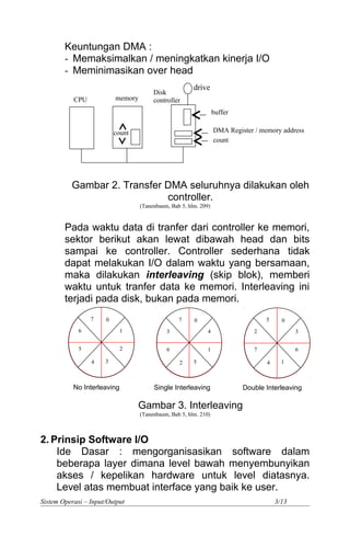 Keuntungan DMA :
- Memaksimalkan / meningkatkan kinerja I/O
- Meminimasikan over head
Gambar 2. Transfer DMA seluruhnya dilakukan oleh
controller.
(Tanenbaum, Bab 5, hlm. 209)
Pada waktu data di tranfer dari controller ke memori,
sektor berikut akan lewat dibawah head dan bits
sampai ke controller. Controller sederhana tidak
dapat melakukan I/O dalam waktu yang bersamaan,
maka dilakukan interleaving (skip blok), memberi
waktu untuk tranfer data ke memori. Interleaving ini
terjadi pada disk, bukan pada memori.
Gambar 3. Interleaving
(Tanenbaum, Bab 5, hlm. 210)
2. Prinsip Software I/O
Ide Dasar : mengorganisasikan software dalam
beberapa layer dimana level bawah menyembunyikan
akses / kepelikan hardware untuk level diatasnya.
Level atas membuat interface yang baik ke user.
Sistem Operasi – Input/Output 3/13
6 1
7 0
5
34
2
3 4
7 0
6
52
1
2 3
5 0
7
14
6
No Interleaving Single Interleaving Double Interleaving
count
CPU memory
Disk
controller
drive
buffer
DMA Register / memory address
count
 
