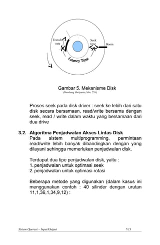Gambar 5. Mekanisme Disk
(Bambang Hariyanto, hlm. 226)
Proses seek pada disk driver : seek ke lebih dari satu
disk secara bersamaan, read/write bersama dengan
seek, read / write dalam waktu yang bersamaan dari
dua drive
3.2. Algoritma Penjadwalan Akses Lintas Disk
Pada sistem multiprogramming, permintaan
read/write lebih banyak dibandingkan dengan yang
dilayani sehingga memerlukan penjadwalan disk.
Terdapat dua tipe penjadwalan disk, yaitu :
1. penjadwalan untuk optimasi seek
2. penjadwalan untuk optimasi rotasi
Beberapa metode yang digunakan (dalam kasus ini
menggunakan contoh : 40 silinder dengan urutan
11,1,36,1,34,9,12) :
Sistem Operasi – Input/Output 7/13
Seek
time
Transfer
rate Boom
 