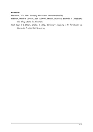 Referensi
McCoomac, Jack. 2004. Surveying. Fifth Edition. Clemson University.
Robinson, Arthur H, Morrison, Joell, Muehrcke, Phillip C, et.al.1995. Elements of Cartography.
       John Wiley & Sons, Inc. New York
Wolf, Paul R & Ghilani, Charles D. 2002. Elementary Surveying : An Introduction to
       Geomatics. Prentice Hall. New Jersey




                                                                                         V-8
 