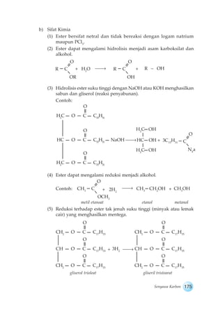 R + R – OH 
H2C OH 
O 
O 
O 
Senyawa Karbon 175 
b) Sifat Kimia 
(1) Ester bersifat netral dan tidak bereaksi dengan logam...
