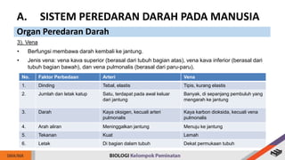 3). Vena
• Berfungsi membawa darah kembali ke jantung.
• Jenis vena: vena kava superior (berasal dari tubuh bagian atas), vena kava inferior (berasal dari
tubuh bagian bawah), dan vena pulmonalis (berasal dari paru-paru).
No. Faktor Perbedaan Arteri Vena
1. Dinding Tebal, elastis Tipis, kurang elastis
2. Jumlah dan letak katup Satu, terdapat pada awal keluar
dari jantung
Banyak, di sepanjang pembuluh yang
mengarah ke jantung
3. Darah Kaya oksigen, kecuali arteri
pulmonalis
Kaya karbon dioksida, kecuali vena
pulmonalis
4. Arah aliran Meninggalkan jantung Menuju ke jantung
5. Tekanan Kuat Lemah
6. Letak Di bagian dalam tubuh Dekat permukaan tubuh
A. SISTEM PEREDARAN DARAH PADA MANUSIA
Organ Peredaran Darah
 