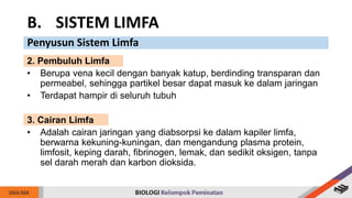 2. Pembuluh Limfa
• Berupa vena kecil dengan banyak katup, berdinding transparan dan
permeabel, sehingga partikel besar dapat masuk ke dalam jaringan
• Terdapat hampir di seluruh tubuh
3. Cairan Limfa
• Adalah cairan jaringan yang diabsorpsi ke dalam kapiler limfa,
berwarna kekuning-kuningan, dan mengandung plasma protein,
limfosit, keping darah, fibrinogen, lemak, dan sedikit oksigen, tanpa
sel darah merah dan karbon dioksida.
B. SISTEM LIMFA
Penyusun Sistem Limfa
 