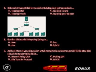 5. Di bawah ini yang tidak termasuk bentuk/topologi jaringan adalah ...
. Topologi star . Topologi round
. Topologi mesh . Topologi peer to peer
6. Gambar diatas adalah topologi jaringan...
. tree . bus
. star . hybrid
7. Aplikasi internet yang digunakan untuk mengirimkan atau mengambil file ke atau dari
sebuah komputer lain adalah...
. Internet Relay Chat . Mailing List
. File Transfer Protocol . WWW
A
A
A
B
B
B
C
C
C
D
D
D
 