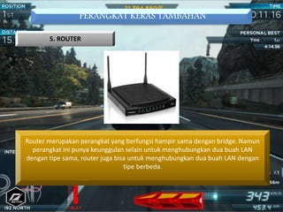 PERANGKAT KERAS TAMBAHAN
5. ROUTER
Router merupakan perangkat yang berfungsi hampir sama dengan bridge. Namun
perangkat ini punya keunggulan selain untuk menghubungkan dua buah LAN
dengan tipe sama, router juga bisa untuk menghubungkan dua buah LAN dengan
tipe berbeda.
 