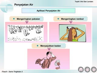 ITeach – Sains Tingkatan 2
Penyejatan Air
Topik 5 Air Dan Larutan
Mengeringkan pakaian Mengeringkan rambut
Menyejukkan badan
Aplikasi Penyejatan Air
 