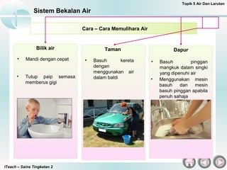ITeach – Sains Tingkatan 2
Sistem Bekalan Air
Topik 5 Air Dan Larutan
Cara – Cara Memulihara Air
Bilik air Taman Dapur
• Mandi dengan cepat
• Tutup paip semasa
memberus gigi
• Basuh kereta
dengan
menggunakan air
dalam baldi
• Basuh pinggan
mangkuk dalam singki
yang dipenuhi air
• Menggunakan mesin
basuh dan mesin
basuh pinggan apabila
penuh sahaja
 