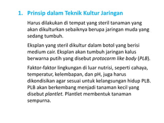 1. Prinsip dalam Teknik Kultur Jaringan
Harus dilakukan di tempat yang steril tanaman yang
akan dikulturkan sebaiknya berupa jaringan muda yang
sedang tumbuh.
Eksplan yang steril dikultur dalam botol yang berisi
medium cair. Eksplan akan tumbuh jaringan kalus
berwarna putih yang disebut protocorm like body (PLB).
Faktor-faktor lingkungan di luar nutrisi, seperti cahaya,
temperatur, kelembapan, dan pH, juga harus
dikondisikan agar sesuai untuk kelangsungan hidup PLB.
PLB akan berkembang menjadi tanaman kecil yang
disebut plantlet. Plantlet membentuk tanaman
sempurna.
 
