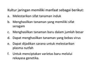 Kultur jaringan memiliki manfaat sebagai berikut:
a. Melestarikan sifat tanaman induk
b. Menghasilkan tanaman yang memiliki sifat
seragam
c. Menghasilkan tanaman baru dalam jumlah besar
d. Dapat menghasilkan tanaman yang bebas virus
e. Dapat dijadikan sarana untuk melestarikan
plasma nutfah
f. Untuk menciptakan varietas baru melalui
rekayasa genetika.
 
