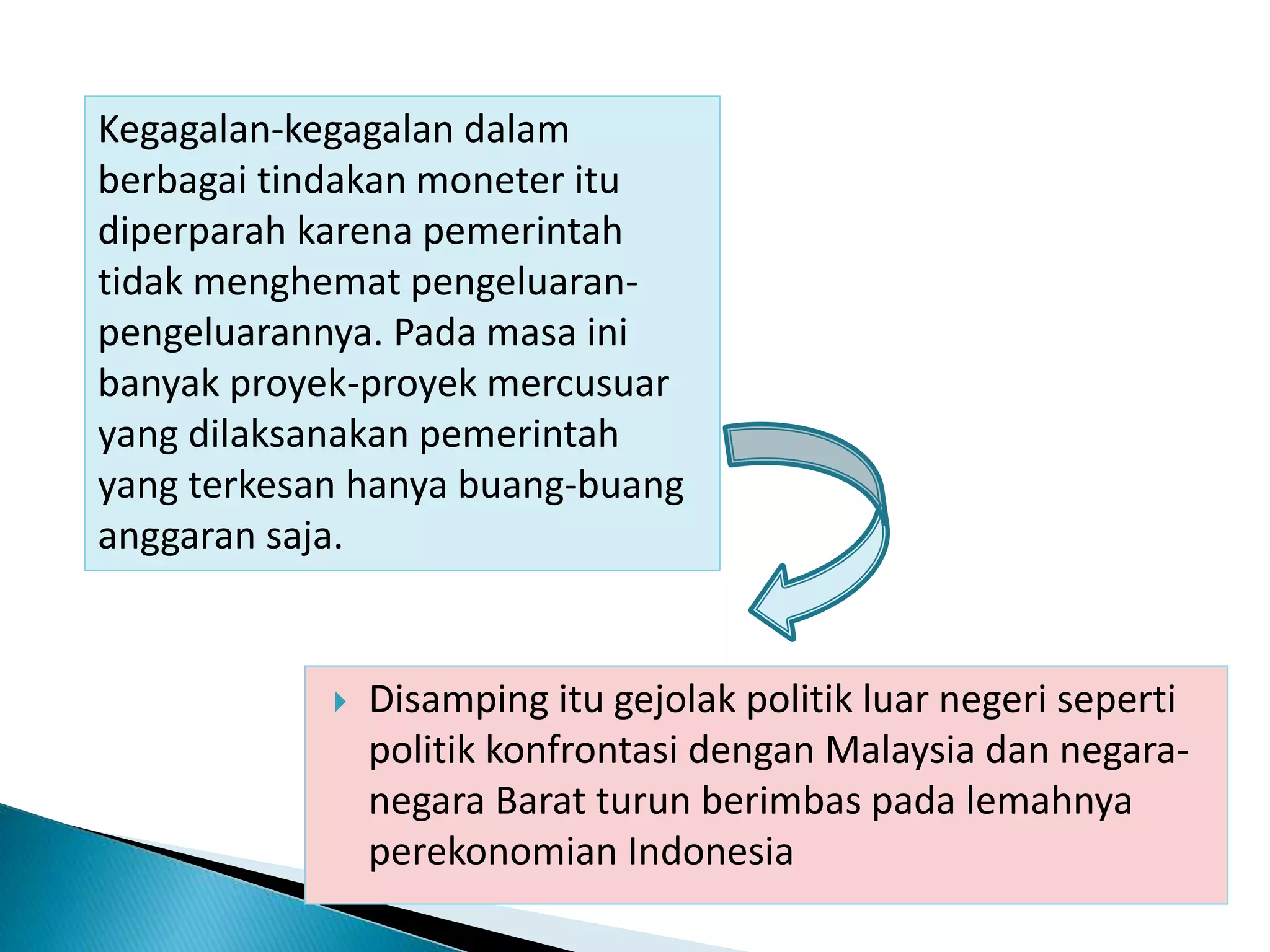  Disamping itu gejolak politik luar negeri seperti
politik konfrontasi dengan Malaysia dan negara-
negara Barat turun berimbas pada lemahnya
perekonomian Indonesia
Kegagalan-kegagalan dalam
berbagai tindakan moneter itu
diperparah karena pemerintah
tidak menghemat pengeluaran-
pengeluarannya. Pada masa ini
banyak proyek-proyek mercusuar
yang dilaksanakan pemerintah
yang terkesan hanya buang-buang
anggaran saja.
 
