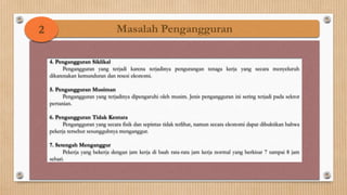 2                                Masalah Pengangguran

    4. Pengangguran Siklikal
          Pengangguran yang terjadi karena terjadinya pengurangan tenaga kerja yang secara menyeluruh
    dikarenakan kemunduran dan resesi ekonomi.

    5. Pengangguran Musiman
          Pengangguran yang terjadinya dipengaruhi oleh musim. Jenis pengangguran ini sering terjadi pada sektor
    pertanian.

    6. Pengangguran Tidak Kentara
          Pengangguran yang secara fisik dan sepintas tidak terlihat, namun secara ekonomi dapat dibuktikan bahwa
    pekerja tersebut sesungguhnya menganggur.

    7. Setengah Menganggur
          Pekerja yang bekerja dengan jam kerja di baah rata-rata jam kerja normal yang berkisar 7 sampai 8 jam
    sehari.
 