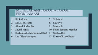 MENELADANI TOKOH – TOKOH
PROKLAMASI
1. IR.Soekarno
2. Drs. Moh. Hatta
3. Ahmad Soebardjo
4. Sayuti Melik
5. Burhanuddin Mohammad Diah
6. Latif Hendraningrat
7. S. Suhud
8. Suwiryo
9. Muwardi
10. Frans Sumarto Mendur
11. Syahruddin
12. F. Yusuf Ronodipuro
 