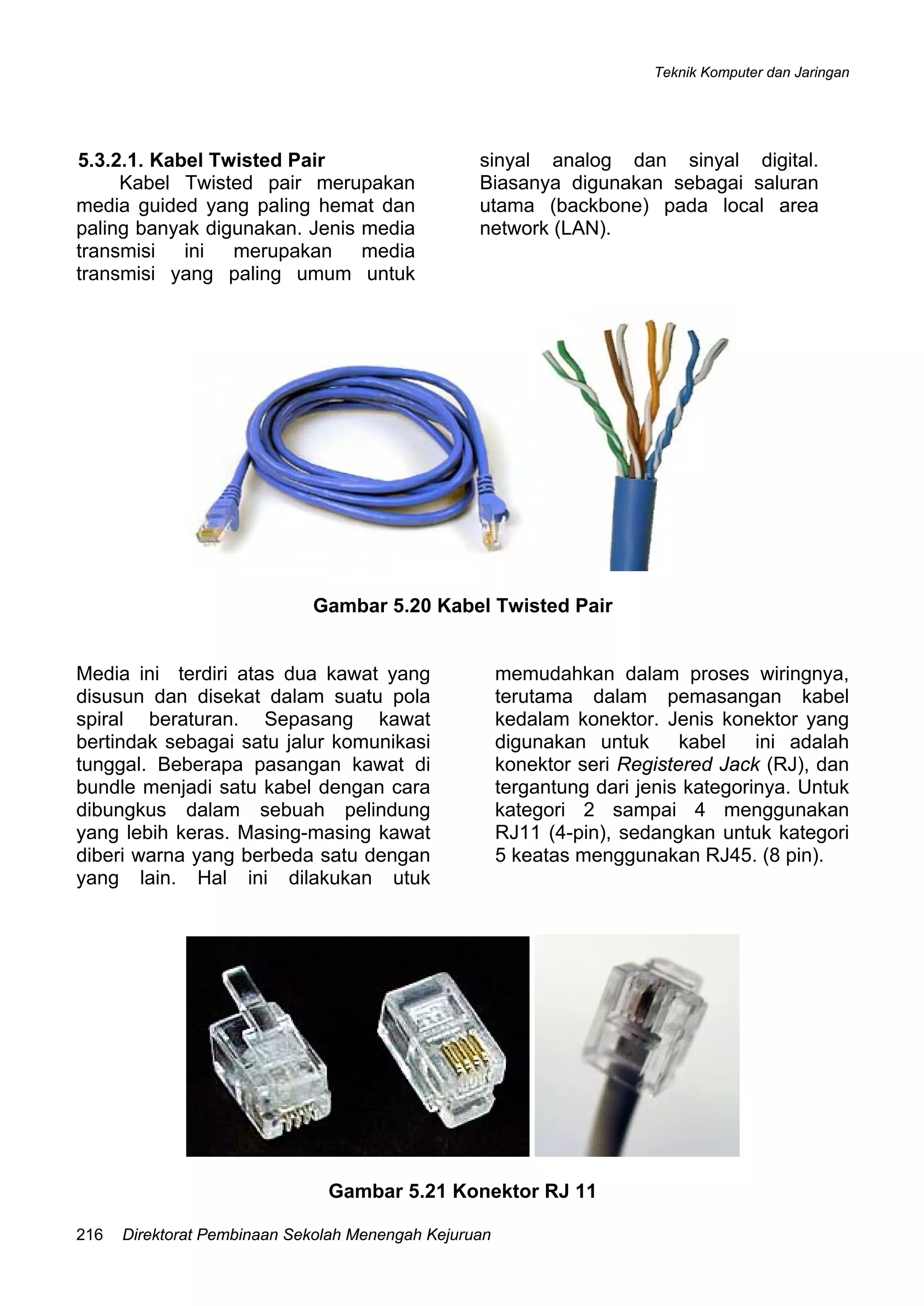 Teknik Komputer dan Jaringan
Direktorat Pembinaan Sekolah Menengah Kejuruan216
5.3.2.1. Kabel Twisted Pair
Kabel Twisted pair merupakan
media guided yang paling hemat dan
paling banyak digunakan. Jenis media
transmisi ini merupakan media
transmisi yang paling umum untuk
sinyal analog dan sinyal digital.
Biasanya digunakan sebagai saluran
utama (backbone) pada local area
network (LAN).
Gambar 5.20 Kabel Twisted Pair
Media ini terdiri atas dua kawat yang
disusun dan disekat dalam suatu pola
spiral beraturan. Sepasang kawat
bertindak sebagai satu jalur komunikasi
tunggal. Beberapa pasangan kawat di
bundle menjadi satu kabel dengan cara
dibungkus dalam sebuah pelindung
yang lebih keras. Masing-masing kawat
diberi warna yang berbeda satu dengan
yang lain. Hal ini dilakukan utuk
memudahkan dalam proses wiringnya,
terutama dalam pemasangan kabel
kedalam konektor. Jenis konektor yang
digunakan untuk kabel ini adalah
konektor seri Registered Jack (RJ), dan
tergantung dari jenis kategorinya. Untuk
kategori 2 sampai 4 menggunakan
RJ11 (4-pin), sedangkan untuk kategori
5 keatas menggunakan RJ45. (8 pin).
Gambar 5.21 Konektor RJ 11
 