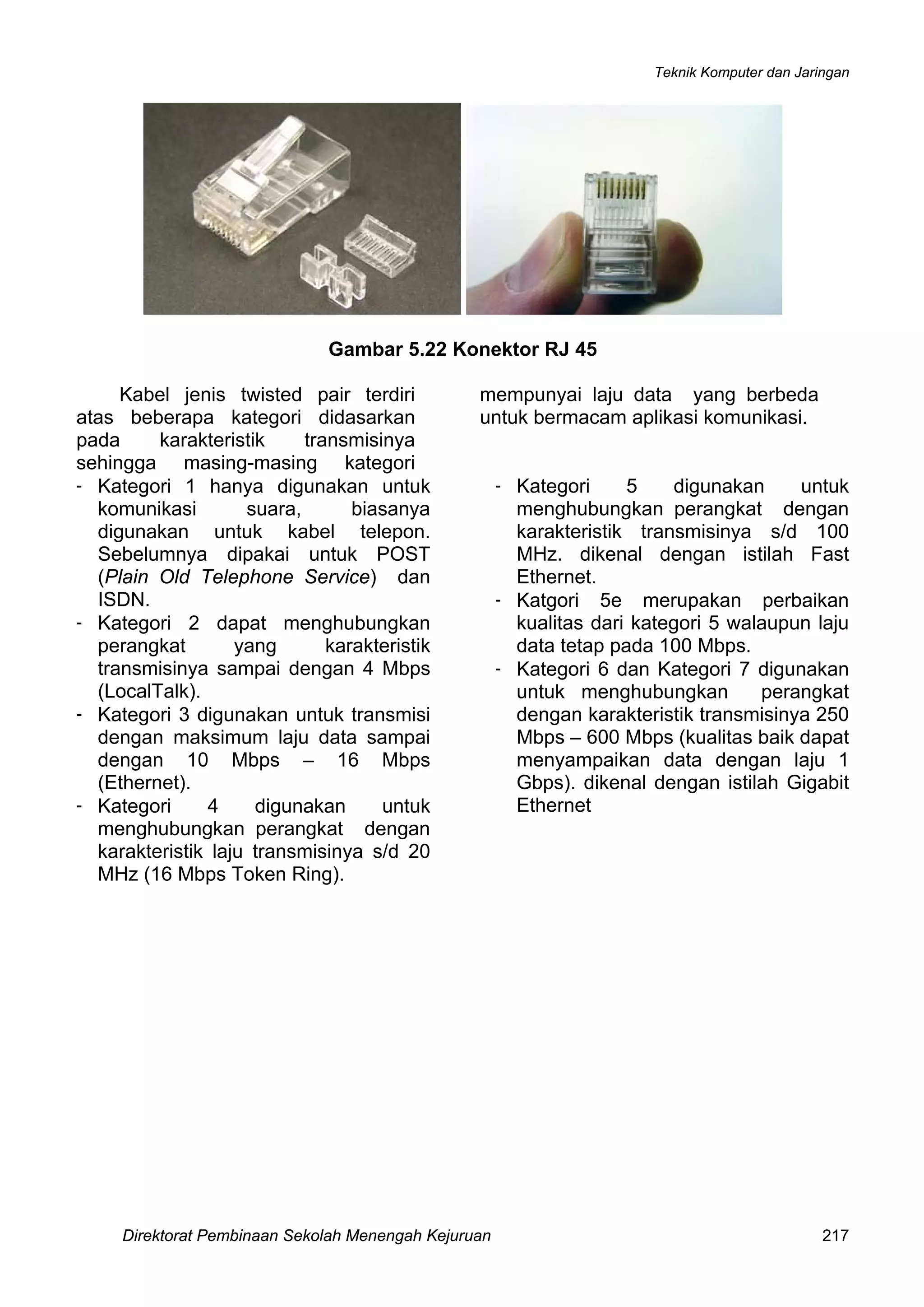 Teknik Komputer dan Jaringan
Direktorat Pembinaan Sekolah Menengah Kejuruan 217
Gambar 5.22 Konektor RJ 45
Kabel jenis twisted pair terdiri
atas beberapa kategori didasarkan
pada karakteristik transmisinya
sehingga masing-masing kategori
mempunyai laju data yang berbeda
untuk bermacam aplikasi komunikasi.
- Kategori 1 hanya digunakan untuk
komunikasi suara, biasanya
digunakan untuk kabel telepon.
Sebelumnya dipakai untuk POST
(Plain Old Telephone Service) dan
ISDN.
- Kategori 2 dapat menghubungkan
perangkat yang karakteristik
transmisinya sampai dengan 4 Mbps
(LocalTalk).
- Kategori 3 digunakan untuk transmisi
dengan maksimum laju data sampai
dengan 10 Mbps – 16 Mbps
(Ethernet).
- Kategori 4 digunakan untuk
menghubungkan perangkat dengan
karakteristik laju transmisinya s/d 20
MHz (16 Mbps Token Ring).
- Kategori 5 digunakan untuk
menghubungkan perangkat dengan
karakteristik transmisinya s/d 100
MHz. dikenal dengan istilah Fast
Ethernet.
- Katgori 5e merupakan perbaikan
kualitas dari kategori 5 walaupun laju
data tetap pada 100 Mbps.
- Kategori 6 dan Kategori 7 digunakan
untuk menghubungkan perangkat
dengan karakteristik transmisinya 250
Mbps – 600 Mbps (kualitas baik dapat
menyampaikan data dengan laju 1
Gbps). dikenal dengan istilah Gigabit
Ethernet
 