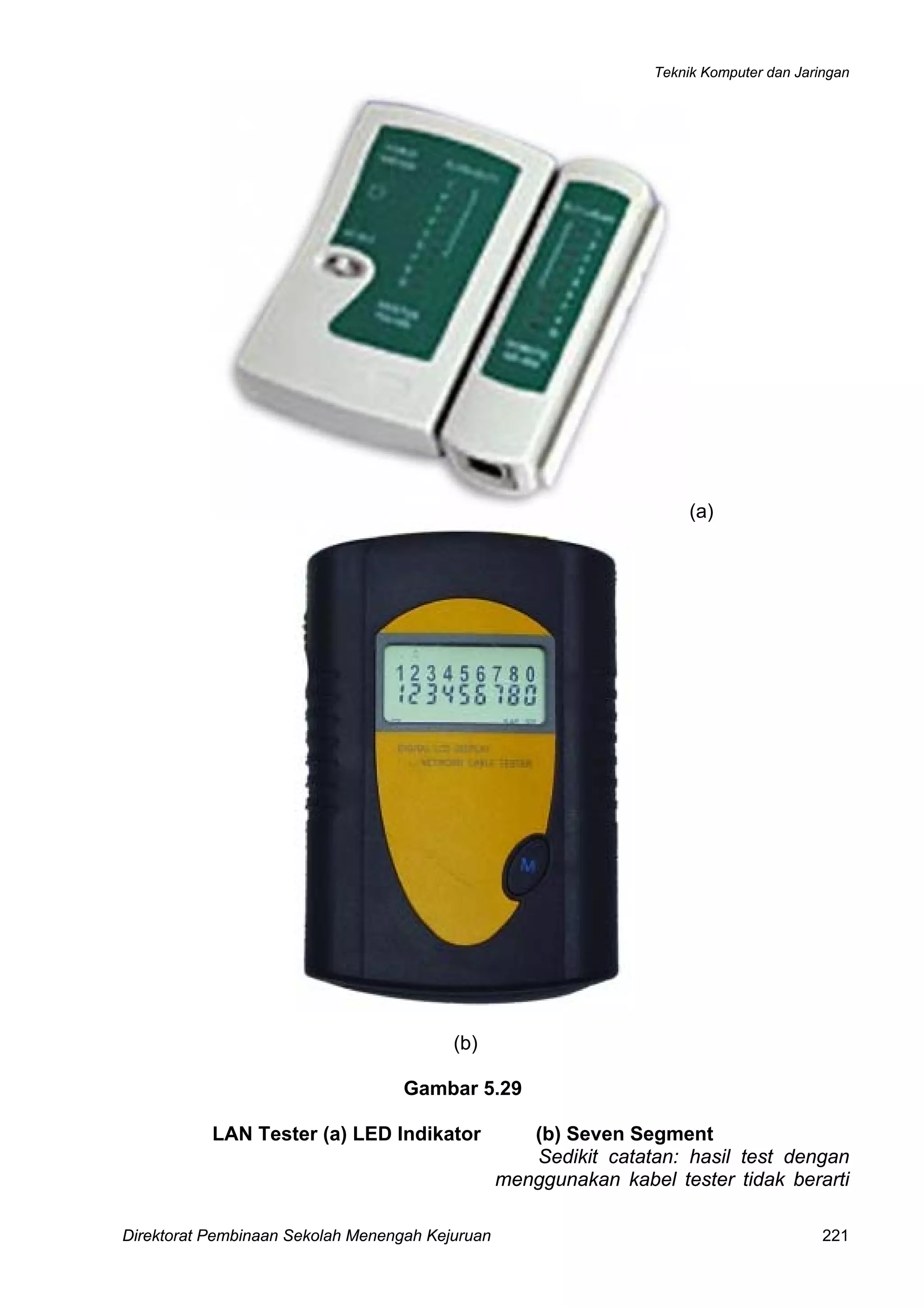 Teknik Komputer dan Jaringan
Direktorat Pembinaan Sekolah Menengah Kejuruan 221
(a)
(b)
Gambar 5.29
LAN Tester (a) LED Indikator (b) Seven Segment
Sedikit catatan: hasil test dengan
menggunakan kabel tester tidak berarti
 