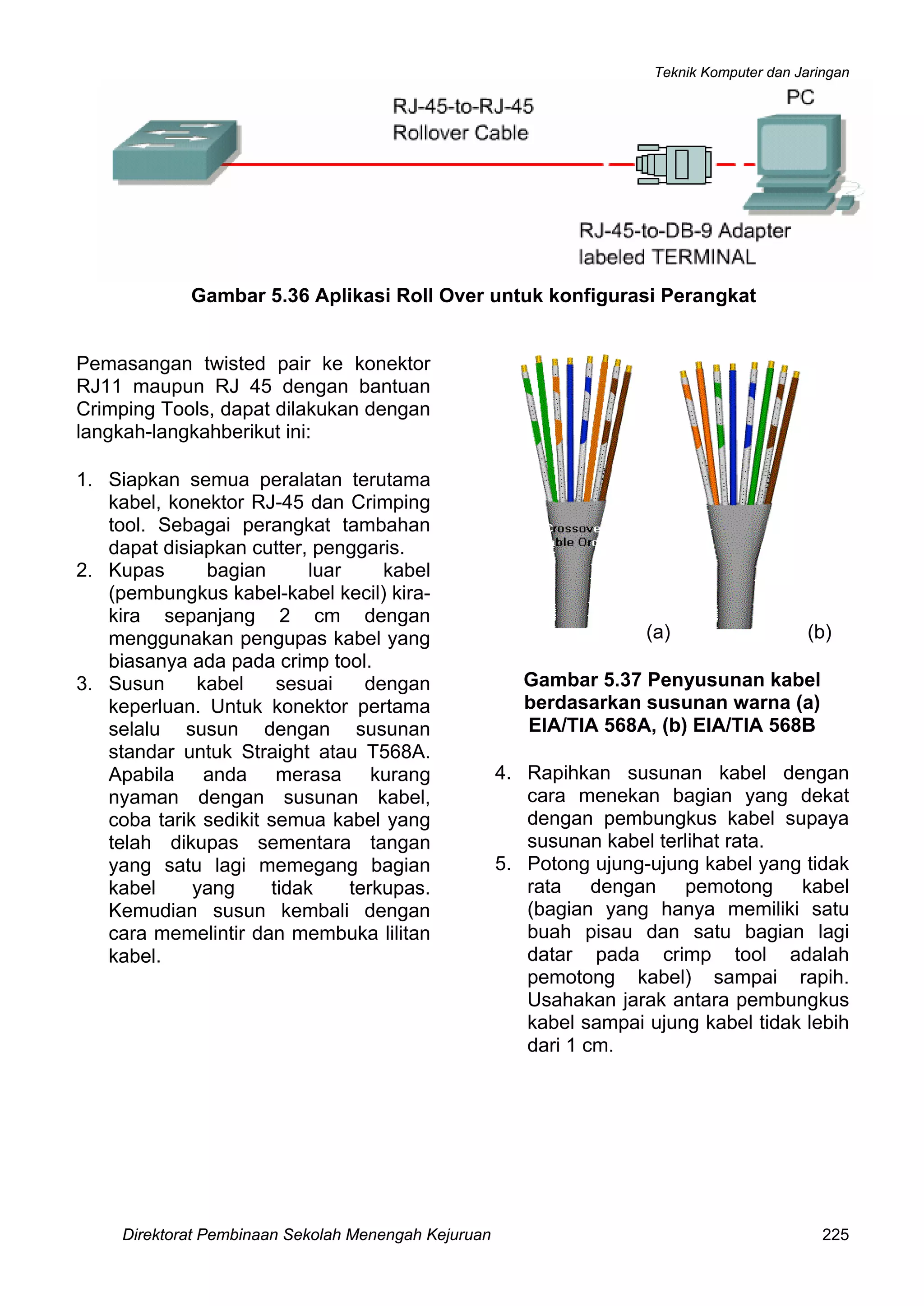 Teknik Komputer dan Jaringan
Direktorat Pembinaan Sekolah Menengah Kejuruan 225
Gambar 5.36 Aplikasi Roll Over untuk konfigurasi Perangkat
Pemasangan twisted pair ke konektor
RJ11 maupun RJ 45 dengan bantuan
Crimping Tools, dapat dilakukan dengan
langkah-langkahberikut ini:
1. Siapkan semua peralatan terutama
kabel, konektor RJ-45 dan Crimping
tool. Sebagai perangkat tambahan
dapat disiapkan cutter, penggaris.
2. Kupas bagian luar kabel
(pembungkus kabel-kabel kecil) kira-
kira sepanjang 2 cm dengan
menggunakan pengupas kabel yang
biasanya ada pada crimp tool.
3. Susun kabel sesuai dengan
keperluan. Untuk konektor pertama
selalu susun dengan susunan
standar untuk Straight atau T568A.
Apabila anda merasa kurang
nyaman dengan susunan kabel,
coba tarik sedikit semua kabel yang
telah dikupas sementara tangan
yang satu lagi memegang bagian
kabel yang tidak terkupas.
Kemudian susun kembali dengan
cara memelintir dan membuka lilitan
kabel.
(a) (b)
Gambar 5.37 Penyusunan kabel
berdasarkan susunan warna (a)
EIA/TIA 568A, (b) EIA/TIA 568B
4. Rapihkan susunan kabel dengan
cara menekan bagian yang dekat
dengan pembungkus kabel supaya
susunan kabel terlihat rata.
5. Potong ujung-ujung kabel yang tidak
rata dengan pemotong kabel
(bagian yang hanya memiliki satu
buah pisau dan satu bagian lagi
datar pada crimp tool adalah
pemotong kabel) sampai rapih.
Usahakan jarak antara pembungkus
kabel sampai ujung kabel tidak lebih
dari 1 cm.
 
