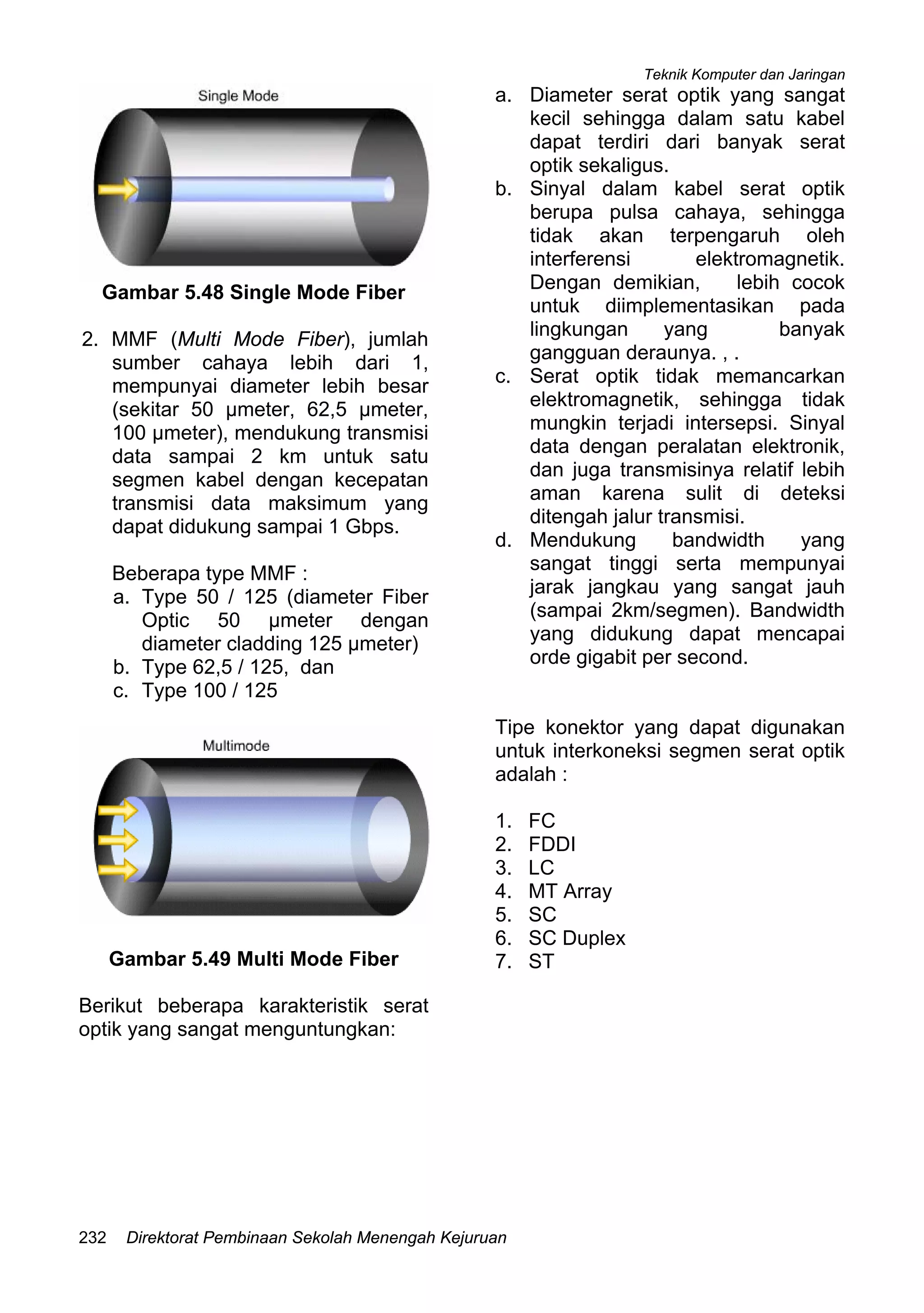 Teknik Komputer dan Jaringan
Direktorat Pembinaan Sekolah Menengah Kejuruan232
Gambar 5.48 Single Mode Fiber
2. MMF (Multi Mode Fiber), jumlah
sumber cahaya lebih dari 1,
mempunyai diameter lebih besar
(sekitar 50 µmeter, 62,5 µmeter,
100 µmeter), mendukung transmisi
data sampai 2 km untuk satu
segmen kabel dengan kecepatan
transmisi data maksimum yang
dapat didukung sampai 1 Gbps.
Beberapa type MMF :
a. Type 50 / 125 (diameter Fiber
Optic 50 µmeter dengan
diameter cladding 125 µmeter)
b. Type 62,5 / 125, dan
c. Type 100 / 125
Gambar 5.49 Multi Mode Fiber
Berikut beberapa karakteristik serat
optik yang sangat menguntungkan:
a. Diameter serat optik yang sangat
kecil sehingga dalam satu kabel
dapat terdiri dari banyak serat
optik sekaligus.
b. Sinyal dalam kabel serat optik
berupa pulsa cahaya, sehingga
tidak akan terpengaruh oleh
interferensi elektromagnetik.
Dengan demikian, lebih cocok
untuk diimplementasikan pada
lingkungan yang banyak
gangguan deraunya. , .
c. Serat optik tidak memancarkan
elektromagnetik, sehingga tidak
mungkin terjadi intersepsi. Sinyal
data dengan peralatan elektronik,
dan juga transmisinya relatif lebih
aman karena sulit di deteksi
ditengah jalur transmisi.
d. Mendukung bandwidth yang
sangat tinggi serta mempunyai
jarak jangkau yang sangat jauh
(sampai 2km/segmen). Bandwidth
yang didukung dapat mencapai
orde gigabit per second.
Tipe konektor yang dapat digunakan
untuk interkoneksi segmen serat optik
adalah :
1. FC
2. FDDI
3. LC
4. MT Array
5. SC
6. SC Duplex
7. ST
 