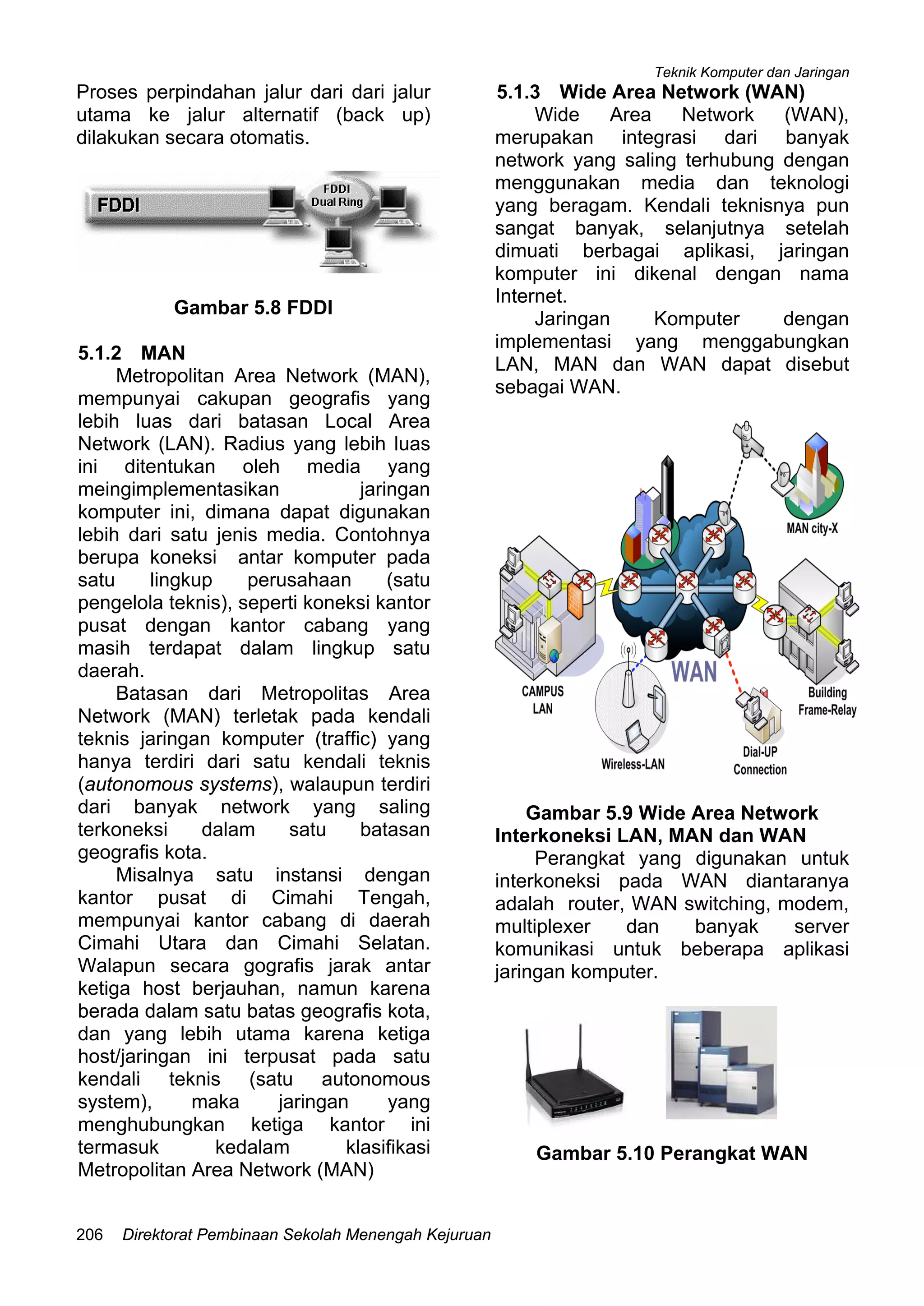 Teknik Komputer dan Jaringan
Direktorat Pembinaan Sekolah Menengah Kejuruan206
Proses perpindahan jalur dari dari jalur
utama ke jalur alternatif (back up)
dilakukan secara otomatis.
Gambar 5.8 FDDI
5.1.2 MAN
Metropolitan Area Network (MAN),
mempunyai cakupan geografis yang
lebih luas dari batasan Local Area
Network (LAN). Radius yang lebih luas
ini ditentukan oleh media yang
meingimplementasikan jaringan
komputer ini, dimana dapat digunakan
lebih dari satu jenis media. Contohnya
berupa koneksi antar komputer pada
satu lingkup perusahaan (satu
pengelola teknis), seperti koneksi kantor
pusat dengan kantor cabang yang
masih terdapat dalam lingkup satu
daerah.
Batasan dari Metropolitas Area
Network (MAN) terletak pada kendali
teknis jaringan komputer (traffic) yang
hanya terdiri dari satu kendali teknis
(autonomous systems), walaupun terdiri
dari banyak network yang saling
terkoneksi dalam satu batasan
geografis kota.
Misalnya satu instansi dengan
kantor pusat di Cimahi Tengah,
mempunyai kantor cabang di daerah
Cimahi Utara dan Cimahi Selatan.
Walapun secara gografis jarak antar
ketiga host berjauhan, namun karena
berada dalam satu batas geografis kota,
dan yang lebih utama karena ketiga
host/jaringan ini terpusat pada satu
kendali teknis (satu autonomous
system), maka jaringan yang
menghubungkan ketiga kantor ini
termasuk kedalam klasifikasi
Metropolitan Area Network (MAN)
5.1.3 Wide Area Network (WAN)
Wide Area Network (WAN),
merupakan integrasi dari banyak
network yang saling terhubung dengan
menggunakan media dan teknologi
yang beragam. Kendali teknisnya pun
sangat banyak, selanjutnya setelah
dimuati berbagai aplikasi, jaringan
komputer ini dikenal dengan nama
Internet.
Jaringan Komputer dengan
implementasi yang menggabungkan
LAN, MAN dan WAN dapat disebut
sebagai WAN.
Gambar 5.9 Wide Area Network
Interkoneksi LAN, MAN dan WAN
Perangkat yang digunakan untuk
interkoneksi pada WAN diantaranya
adalah router, WAN switching, modem,
multiplexer dan banyak server
komunikasi untuk beberapa aplikasi
jaringan komputer.
Gambar 5.10 Perangkat WAN
 
