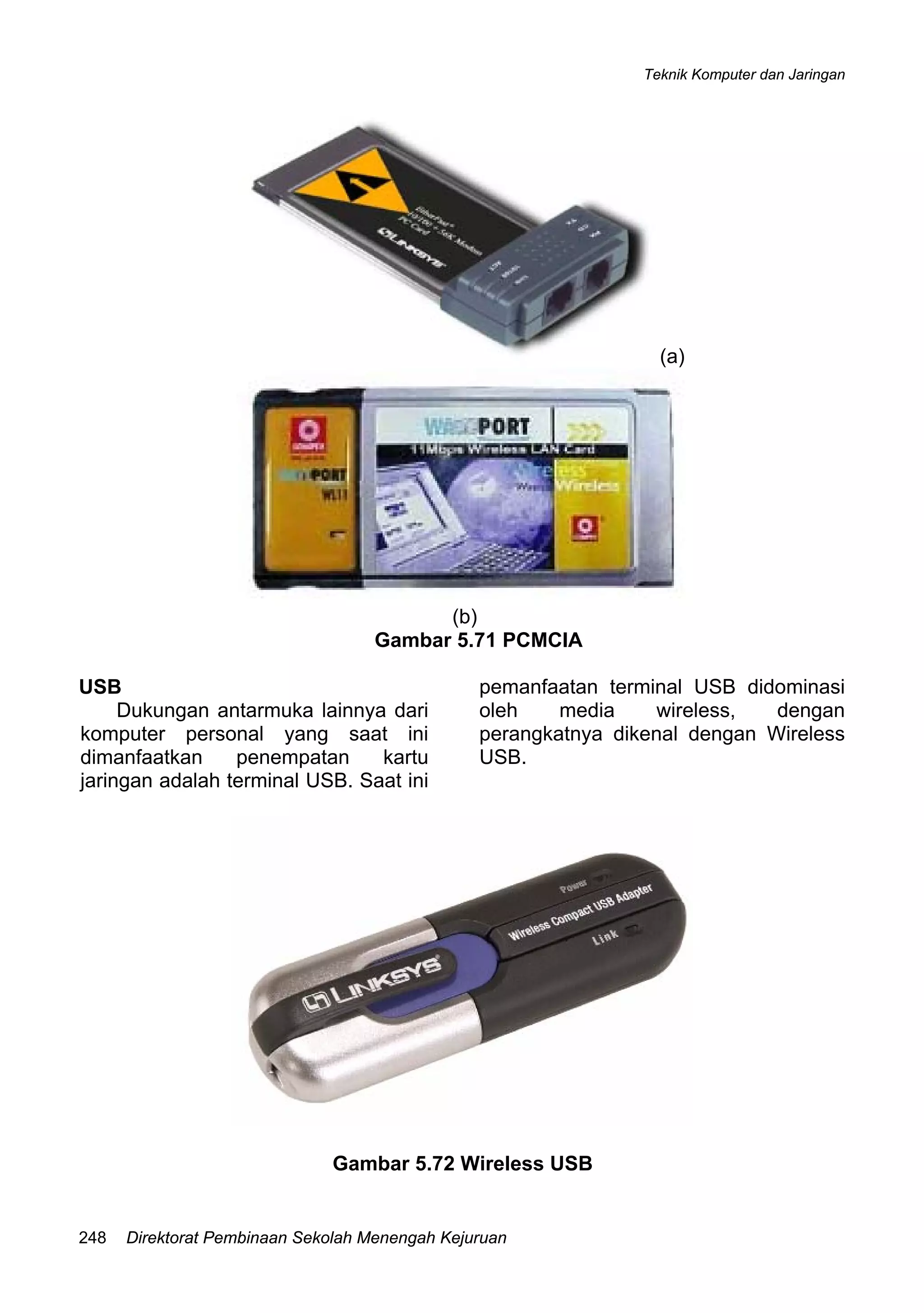 Teknik Komputer dan Jaringan
Direktorat Pembinaan Sekolah Menengah Kejuruan248
(a)
(b)
Gambar 5.71 PCMCIA
USB
Dukungan antarmuka lainnya dari
komputer personal yang saat ini
dimanfaatkan penempatan kartu
jaringan adalah terminal USB. Saat ini
pemanfaatan terminal USB didominasi
oleh media wireless, dengan
perangkatnya dikenal dengan Wireless
USB.
Gambar 5.72 Wireless USB
 