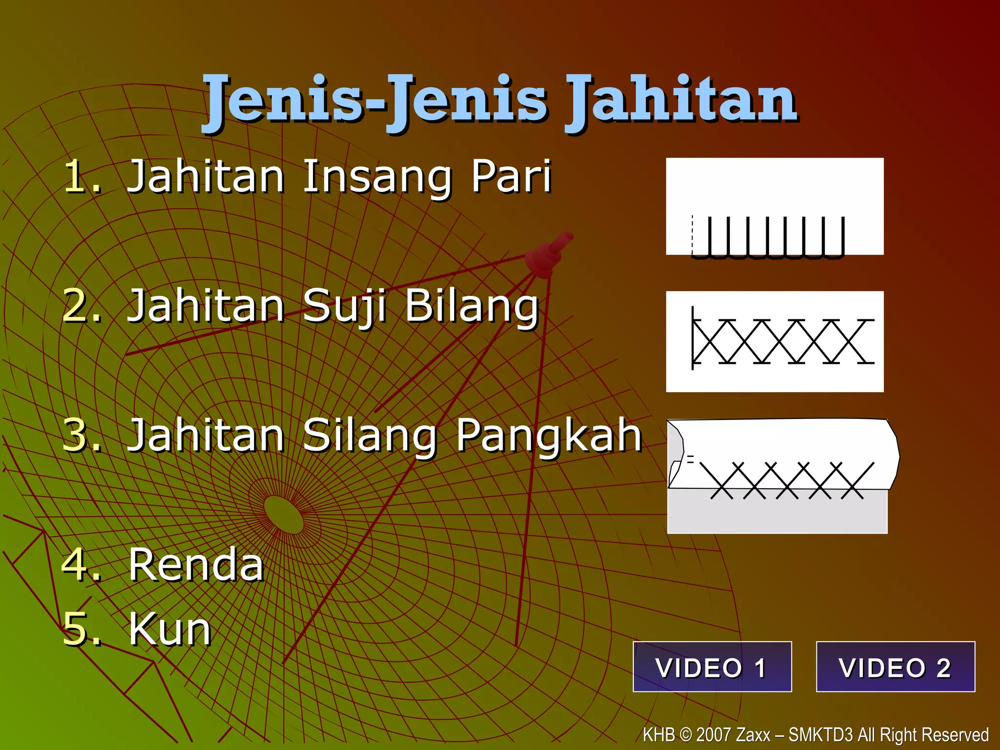 KHB © 2007 Zaxx – SMKTD3 All Right ReservedKHB © 2007 Zaxx – SMKTD3 All Right Reserved
Jenis-Jenis JahitanJenis-Jenis Jahitan
1.1. Jahitan Insang PariJahitan Insang Pari
2.2. Jahitan Suji BilangJahitan Suji Bilang
3.3. Jahitan Silang PangkahJahitan Silang Pangkah
4.4. RendaRenda
5.5. KunKun
VIDEO 1VIDEO 1 VIDEO 2VIDEO 2
 