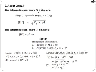 2. Asam Lemah 
Jika tetapan ionisasi asam (K ) diketahui 
NH (aq) H+(aq) + A-(aq) 
Jika tetapan ionisasi asam (a) diketahui 
contoh 
a 
 