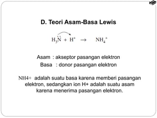 D. Teori Asam-Basa Lewis 
Asam : akseptor pasangan elektron 
Basa : donor pasangan elektron 
NH4+ adalah suatu basa karena memberi pasangan 
elektron, sedangkan ion H+ adalah suatu asam 
karena menerima pasangan elektron. 
