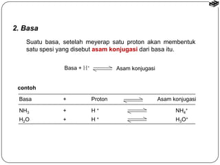 2. Basa 
Suatu basa, setelah meyerap satu proton akan membentuk 
satu spesi yang disebut asam konjugasi dari basa itu. 
Basa + H+ Asam konjugasi 
contoh 
Basa + Proton Asam konjugasi 
NH3 + H + NH4 
+ 
H2O + H + H3O+ 
 