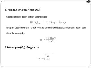 2. Tetapan Ionisasi Asam (K a ) 
Reaksi ionisasi asam lemah valensi satu 
HA(aq) H+ (aq) + A(aq) 
Tetapan kesetimbangan untuk ionisasi asam disebut tetapan ionisasi asam dan 
[H+][A] 
[HA] a 
Ka 
diberi lambang K . 
3. Hubungan (Ka ) dengan (a) 
K = 
a = M 
a 
 