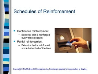 Copyright © The McGraw-Hill Companies, Inc. Permission required for reproduction or display.
Schedules of Reinforcement
 Continuous reinforcement
– Behavior that is reinforced
every time it occurs
 Partial reinforcement
– Behavior that is reinforced
some but not all of the time
 