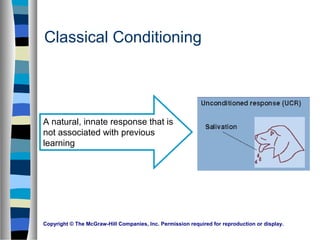 Copyright © The McGraw-Hill Companies, Inc. Permission required for reproduction or display.
Classical Conditioning
A natural, innate response that is
not associated with previous
learning
 
