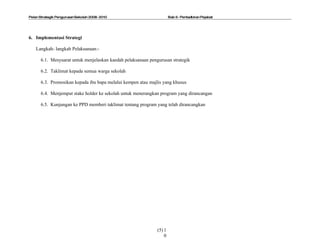 Pelan Strategik Pengurusan Sekolah 2008- 2010                         Bab 5- Pentadbiran Pejabat




6. Implementasi Strategi

    Langkah- langkah Pelaksanaan:-

      6.1. Mesyuarat untuk menjelaskan kaedah pelaksanaan pengurusan strategik

      6.2. Taklimat kepada semua warga sekolah

      6.3. Promosikan kepada ibu bapa melalui kempen atau majlis yang khusus

      6.4. Menjemput stake holder ke sekolah untuk menerangkan program yang dirancangan

      6.5. Kunjungan ke PPD memberi taklimat tentang program yang telah dirancangkan




                                                              (5) 1
                                                                  0
 