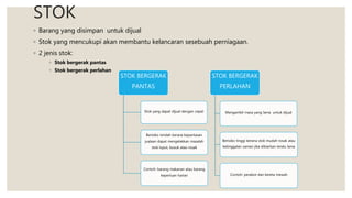 STOK
◦ Barang yang disimpan untuk dijual
◦ Stok yang mencukupi akan membantu kelancaran sesebuah perniagaan.
◦ 2 jenis stok:
◦ Stok bergerak pantas
◦ Stok bergerak perlahan
STOK BERGERAK
PANTAS
Stok yang dapat dijual dengan cepat
Berisiko rendah kerana kepantasan
jualaan dapat mengelakkan masalah
stok luput, busuk atau rosak
Contoh: barang makanan atau barang
keperluan harian
STOK BERGERAK
PERLAHAN
Mengambil masa yang lama untuk dijual
Berisiko tinggi kerana stok mudah rosak atau
ketinggalan zaman jika dibiarkan teralu lama
Contoh: perabot dan kereta mewah
 