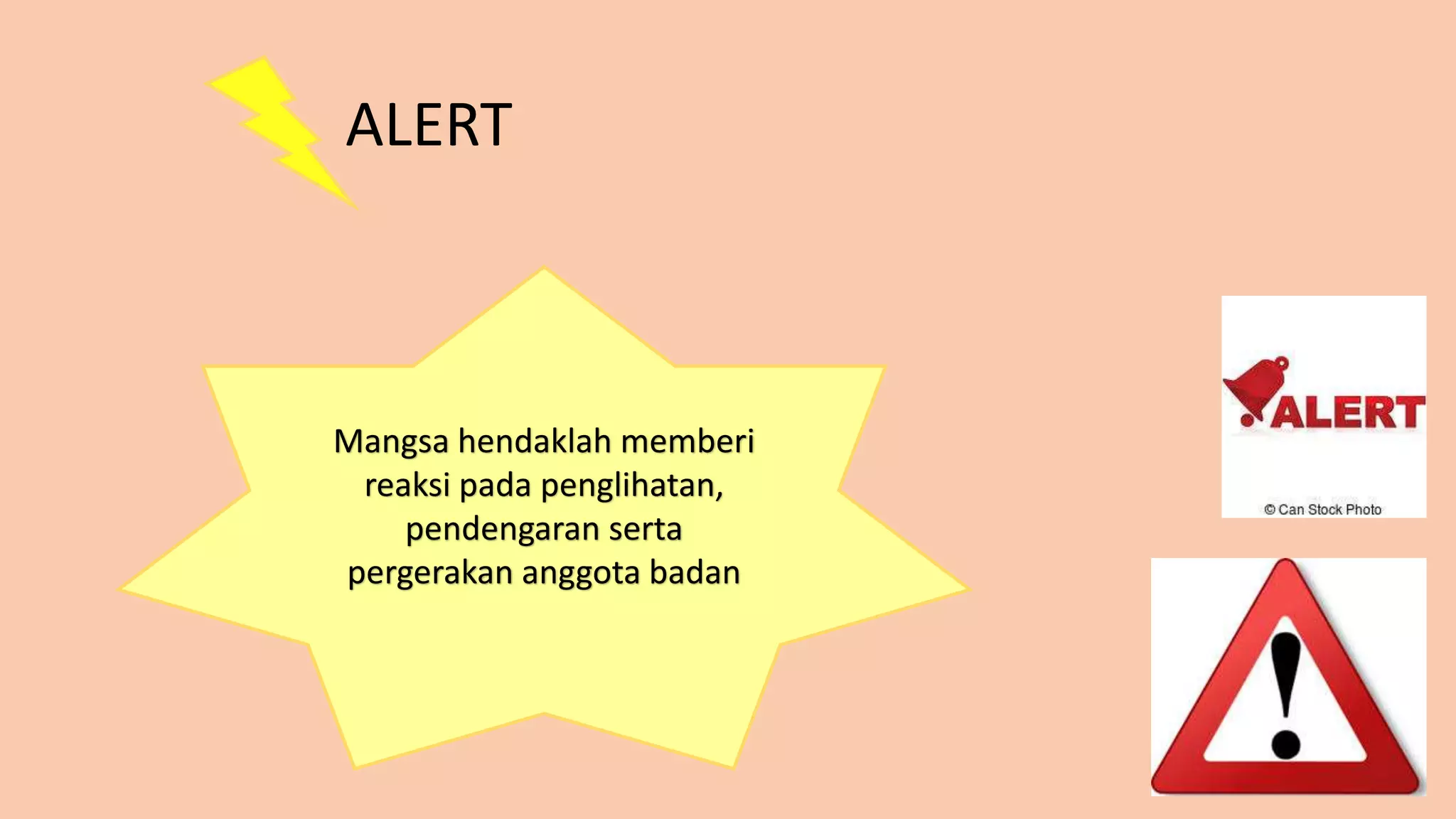 Mangsa hendaklah memberi
reaksi pada penglihatan,
pendengaran serta
pergerakan anggota badan
ALERT
 