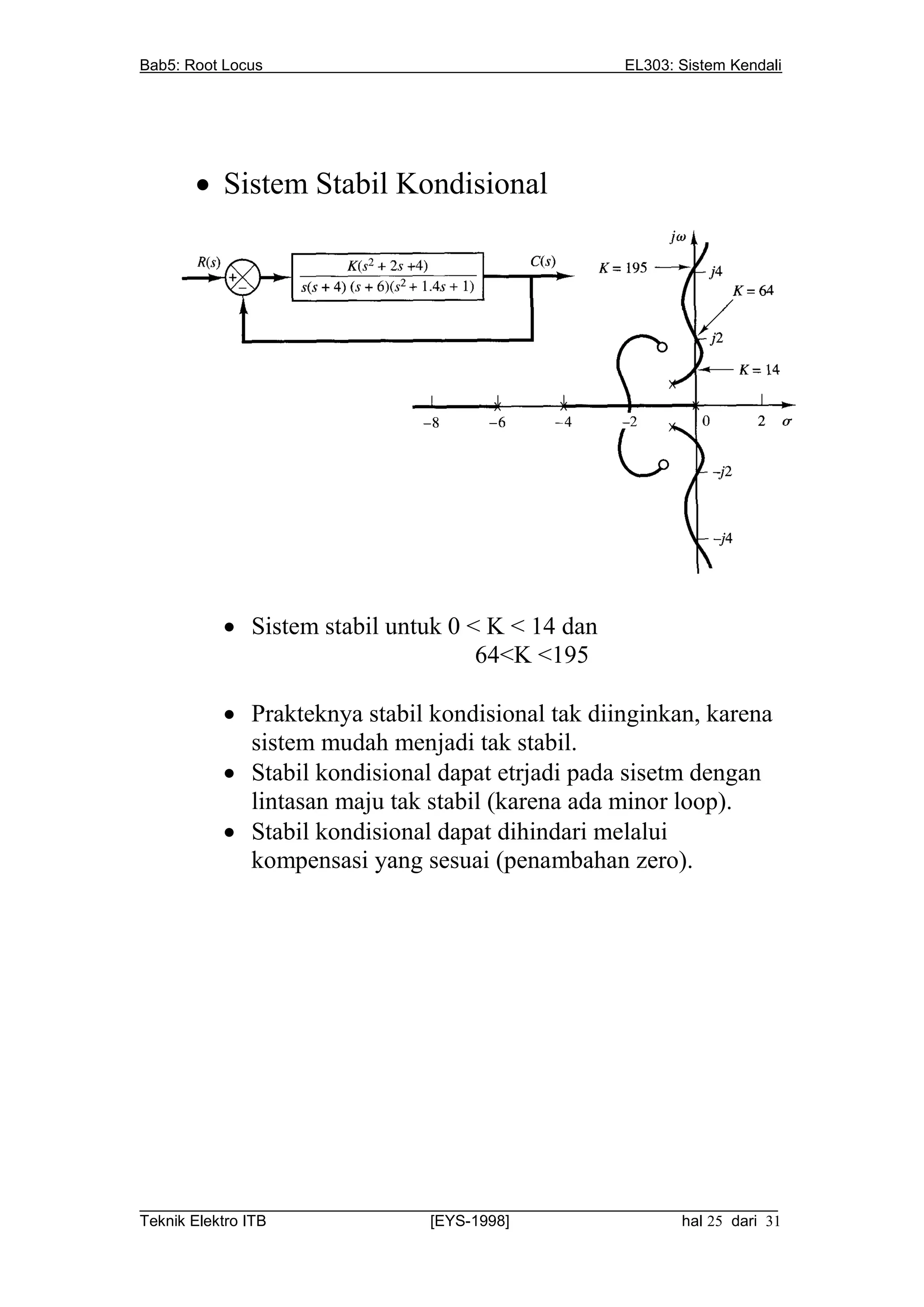 Bab5: Root Locus                                          EL303: Sistem Kendali




        Sistem Stabil Kondisional




           Sistem stabil untuk 0 < K < 14 dan
                                   64<K <195

           Prakteknya stabil kondisional tak diinginkan, karena
            sistem mudah menjadi tak stabil.
           Stabil kondisional dapat etrjadi pada sisetm dengan
            lintasan maju tak stabil (karena ada minor loop).
           Stabil kondisional dapat dihindari melalui
            kompensasi yang sesuai (penambahan zero).




__________________________________________________________________________
Teknik Elektro ITB                [EYS-1998]                   hal 25 dari 31
 