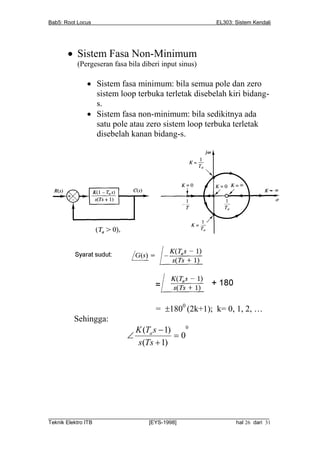 Bab5: Root Locus                                          EL303: Sistem Kendali




        Sistem Fasa Non-Minimum
          (Pergeseran fasa bila diberi input sinus)

               Sistem fasa minimum: bila semua pole dan zero
                sistem loop terbuka terletak disebelah kiri bidang-
                s.
               Sistem fasa non-minimum: bila sedikitnya ada
                satu pole atau zero sistem loop terbuka terletak
                disebelah kanan bidang-s.




                                     = 1800 (2k+1); k= 0, 1, 2, …
         Sehingga:
                             K (Ta s  1)    0
                                         0
                             s(Ts  1)




__________________________________________________________________________
Teknik Elektro ITB                [EYS-1998]                   hal 26 dari 31
 