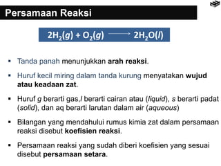Persamaan Reaksi
 Tanda panah menunjukkan arah reaksi.
 Huruf kecil miring dalam tanda kurung menyatakan wujud
atau keadaan zat.
 Huruf g berarti gas,l berarti cairan atau (liquid), s berarti padat
(solid), dan aq berarti larutan dalam air (aqueous)
 Bilangan yang mendahului rumus kimia zat dalam persamaan
reaksi disebut koefisien reaksi.
 Persamaan reaksi yang sudah diberi koefisien yang sesuai
disebut persamaan setara.
2H2(g) + O2(g) 2H2O(l)
 