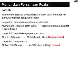 Menuliskan Persamaan Reaksi
Contoh:
Alumunium bereaksi dengan larutan asam sulfat membentuk
alumunium sulfat dan gas hidrogen.
Langkah 1: menuliskan persamaan kata-kata
Alumunium + larutan asam sulfat larutan alumunium sulfat
+ gas hidrogen
Langkah 2: menuliskan persamaan rumus
Al(s) + H2SO4 (aq) Al2(SO4)3(aq) + H2(g) (belum setara)
Langkah 3: penyetaraan
2Al(s) + 3H2SO4(aq) Al2(SO4)3(aq) + 3H2(g) (setara)
 
