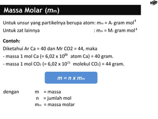 Massa Molar (mm)
m = n x mm
23
Contoh:
Diketahui Ar Ca = 40 dan Mr CO2 = 44, maka
- massa 1 mol Ca (= 6,02 x 10 atom Ca) = 40 gram.
- massa 1 mol CO2 (= 6,02 x 10 molekul CO2) = 44 gram.23
Untuk unsur yang partikelnya berupa atom: mm = Ar gram mol
Untuk zat lainnya : mm = Mr gram mol
-1
-1
dengan m = massa
n = jumlah mol
mm = massa molar
 