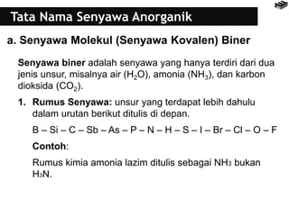 Tata Nama Senyawa Anorganik
a. Senyawa Molekul (Senyawa Kovalen) Biner
Senyawa biner adalah senyawa yang hanya terdiri dari dua
jenis unsur, misalnya air (H2O), amonia (NH3), dan karbon
dioksida (CO2).
1. Rumus Senyawa: unsur yang terdapat lebih dahulu
dalam urutan berikut ditulis di depan.
B – Si – C – Sb – As – P – N – H – S – I – Br – Cl – O – F
Contoh:
Rumus kimia amonia lazim ditulis sebagai NH3 bukan
H3N.
 