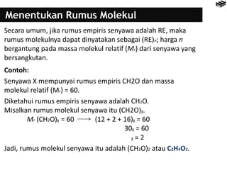 Menentukan Rumus Molekul
Secara umum, jika rumus empiris senyawa adalah RE, maka
rumus molekulnya dapat dinyatakan sebagai (RE)n; harga n
bergantung pada massa molekul relatif (Mr) dari senyawa yang
bersangkutan.
Contoh:
Senyawa X mempunyai rumus empiris CH2O dan massa
molekul relatif (Mr) = 60.
Diketahui rumus empiris senyawa adalah CH2O.
Misalkan rumus molekul senyawa itu (CH2O)χ.
Mr (CH2O)χ = 60 (12 + 2 + 16)χ = 60
30χ = 60
χ = 2
Jadi, rumus molekul senyawa itu adalah (CH2O)2 atau C2H4O2.
 