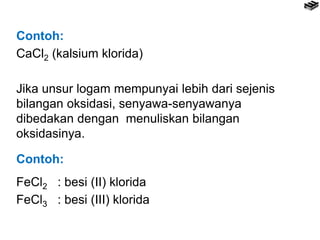 Contoh:
CaCl2 (kalsium klorida)
Jika unsur logam mempunyai lebih dari sejenis
bilangan oksidasi, senyawa-senyawanya
dibedakan dengan menuliskan bilangan
oksidasinya.
Contoh:
FeCl2 : besi (II) klorida
FeCl3 : besi (III) klorida
 
