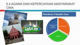 5.4 AGAMA DAN KEPERCAYAAN MASYARAKAT
CINA
Konfusianisme
Legalisme
Agama Lain &
Polisi
Beragama
14
Pemikiran Falsafah Cina
 