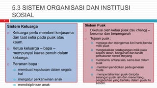 5.3 SISTEM ORGANISASI DAN INSTITUSI
SOSIAL
Sistem Keluarga
 Keluarga perlu memberi kerjasama
dan taat setia pada puak atau
kaum.
 Ketua keluarga – bapa –
mempunyai kuasa penuh dalam
keluarga.
 Peranan bapa :
 membuat keputusan dalam segala
hal
 mengatur perkahwinan anak
 mendisiplinkan anak
Sistem Puak
 Diketuai oleh ketua puak (tsu chang) –
berumur dan berpengaruh
 Tujuan puak :
 menjaga dan mengemas kini harta benda
milik puak
 mengekalkan perdagangan milik puak
seperti tanah, bangunan dan tanah
perkuburan nenek moyang
 membantu antara satu sama lain dalam
puak
 memberi pendidikan pada generasi
muda
 mempertahankan puak daripda
serangan puak lain dan menentang
pergaduhan yang berlaku dalam puak itu
sendiri.
9
 
