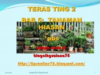 TERAS TING 2
              BAB 5: TANAMAN
                  HIASAN
                                    *pbs
                            Jumpa anda di
                       blogcikguziana78
             http://tipsonline78.blogspot.com/
12/17/2012        designed by CikguZiana78       1
 