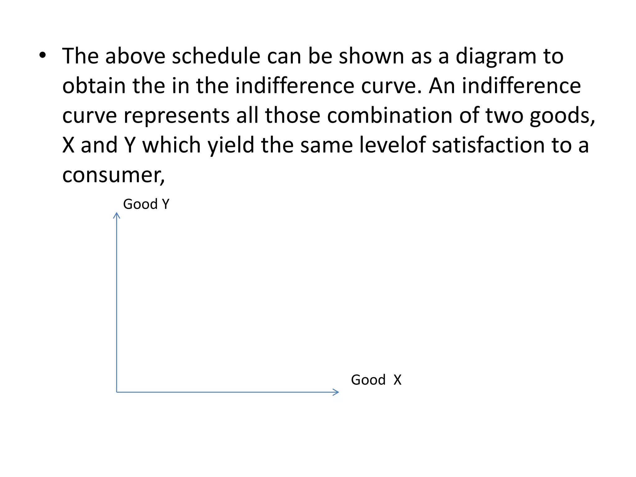 • The above schedule can be shown as a diagram to
obtain the in the indifference curve. An indifference
curve represents all those combination of two goods,
X and Y which yield the same levelof satisfaction to a
consumer,
Good Y
Good X