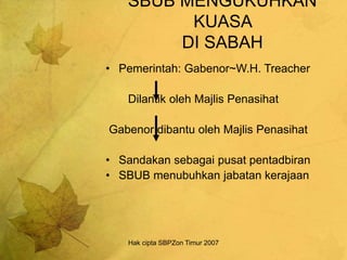 Hak cipta SBPZon Timur 2007
SBUB MENGUKUHKAN
KUASA
DI SABAH
• Pemerintah: Gabenor~W.H. Treacher
Dilantik oleh Majlis Penasihat
Gabenor dibantu oleh Majlis Penasihat
• Sandakan sebagai pusat pentadbiran
• SBUB menubuhkan jabatan kerajaan
 