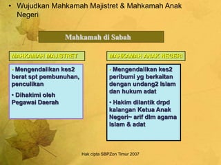 Hak cipta SBPZon Timur 2007
• Wujudkan Mahkamah Majistret & Mahkamah Anak
Negeri
Mahkamah di Sabah
MAHKAMAH MAJISTRET MAHKAMAH ANAK NEGERI
• Mengendalikan kes2
berat spt pembunuhan,
penculikan
• Dihakimi oleh
Pegawai Daerah
• Mengendalikan kes2
peribumi yg berkaitan
dengan undang2 Islam
dan hukum adat
• Hakim dilantik drpd
kalangan Ketua Anak
Negeri~ arif dlm agama
Islam & adat
 