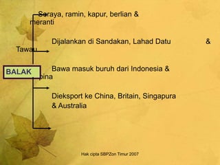 Hak cipta SBPZon Timur 2007
Seraya, ramin, kapur, berlian &
meranti
Dijalankan di Sandakan, Lahad Datu &
Tawau
Bawa masuk buruh dari Indonesia &
Filipina
Dieksport ke China, Britain, Singapura
& Australia
BALAK
 