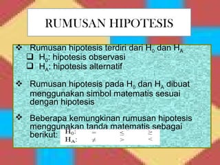 RUMUSAN HIPOTESIS
 Rumusan hipotesis terdiri dari H0 dan HA
  H0: hipotesis observasi
  HA: hipotesis alternatif

 Rumusan hipotesis pada H0 dan HA dibuat
  menggunakan simbol matematis sesuai
  dengan hipotesis
 Beberapa kemungkinan rumusan hipotesis
  menggunakan tanda matematis sebagai
  berikut:
 