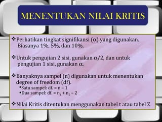 MENENTUKAN NILAI KRITIS

Perhatikan tingkat signifikansi (α) yang digunakan.
 Biasanya 1%, 5%, dan 10%.

Untuk pengujian 2 sisi, gunakan α/2, dan untuk
 pengujian 1 sisi, gunakan α.

Banyaknya sampel (n) digunakan untuk menentukan
 degree of freedom (df).
   Satu sampel: df. = n – 1
   Dua sampel: df. = n1 + n2 – 2

Nilai Kritis ditentukan menggunakan tabel t atau tabel Z
 