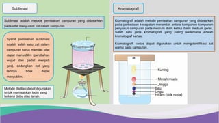 Sublimasi
Syarat pemisahan sublimasi
adalah salah satu zat dalam
campuran harus memiliki sifat
dapat menyublim (perubahan
wujud dari padat menjadi
gas), sedangkan zat yang
lainnya tidak dapat
menyublim.
Sublimasi adalah metode pemisahan campuran yang didasarkan
pada sifat menyublim zat dalam campuran.
Metode distilasi dapat digunakan
untuk memisahkan iodin yang
terkena debu atau tanah.
Kromatografi adalah metode pemisahan campuran yang didasarkan
pada perbedaan kecepatan merambat antara komponen-komponen
penyusun campuran pada medium diam ketika dialiri medium gerak.
Salah satu jenis kromatografi yang paling sederhana adalah
kromatograf kertas.
Kromatografi kertas dapat digunakan untuk mengidentifikasi zat
warna pada campuran.
Kromatografi
 